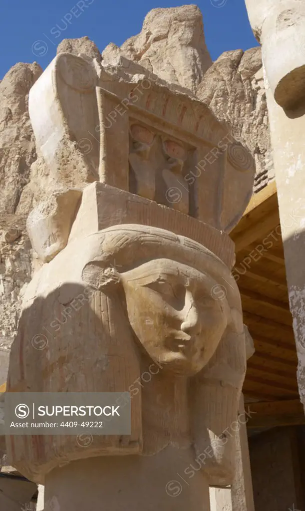Hathor column pillar belonging to the Chapel of Hathor. Detail. Temple of Hatshepsut. Temple of Deir el-Bahari. Eighteenth Dynasty. New Kingdom.