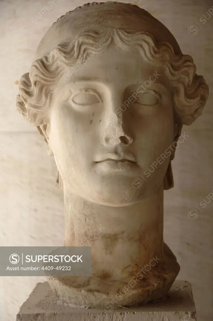 GREEK ART.GREECE. HEAD OF NIKE (II century A.D.). A copy of the Paionios' original dated in V century B.D. Agora Museum. Athens.