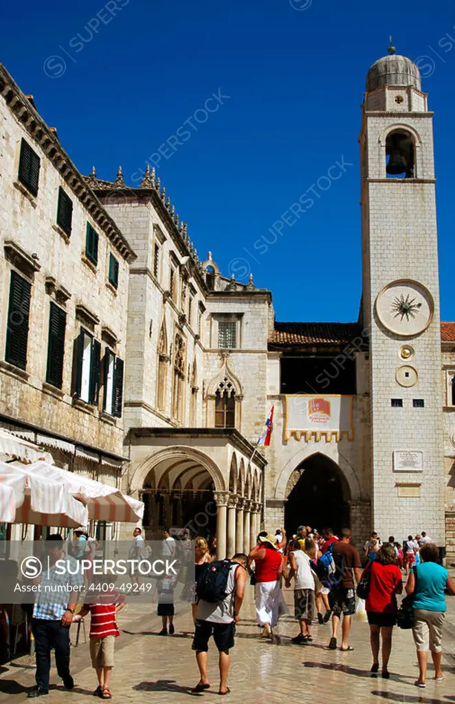 CROATIA. DUBROVNIK. View of main street buildings in the old town with the Clock Tower in the background. In 1979 the old town was declared a World Heritage Site by Unesco.