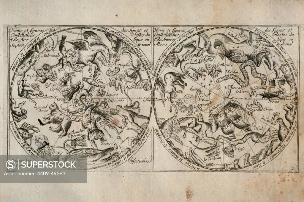 Nicolaus Copernicus (1473-1543). Renaissance mathematician and astronomer who formulated an heliocentric model of the universe which placed the Sun, rather than the Earth, at the center. "Orbes Celeste" celestial constellations. Arctic and Antarctic. Edition of 1667, France.