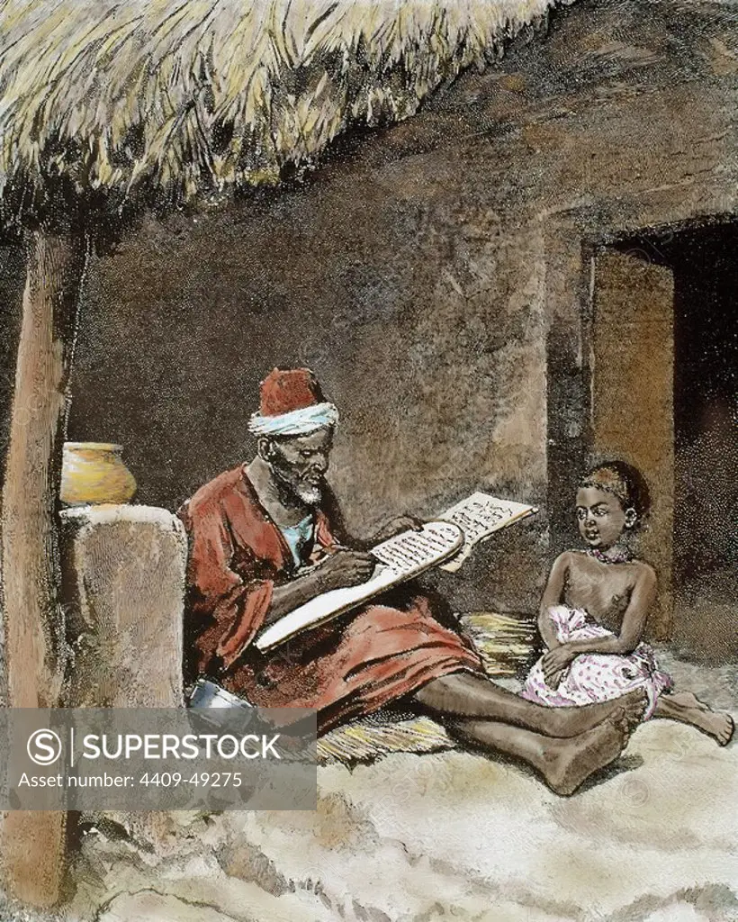 An old man teach to write a child. French Sudan. 1893.