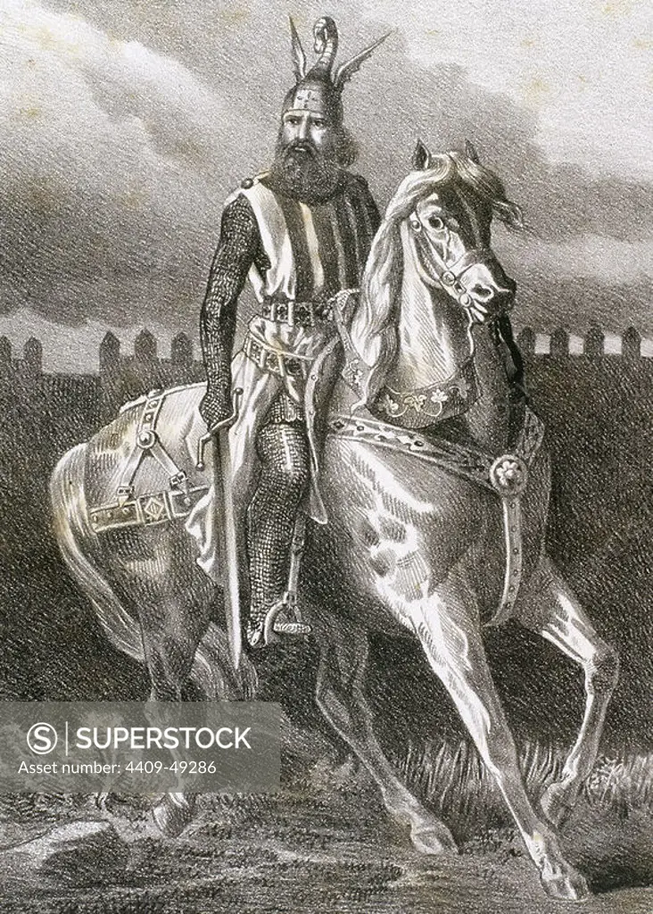 JAIME I "El Conquistador" (1208-1276). Conde de Barcelona y rey de Aragón (1213-1276). "EL REY JAIME I A CABALLO". Grabado del s. XIX.