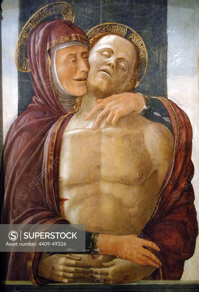 MONTAGNANA, Jacopo da (1440-/43-1499). Italian painter. MADONNA AND DEAD CHRIST. Tempera on wood. Museum of Fine Arts. Budapest. Hungary.