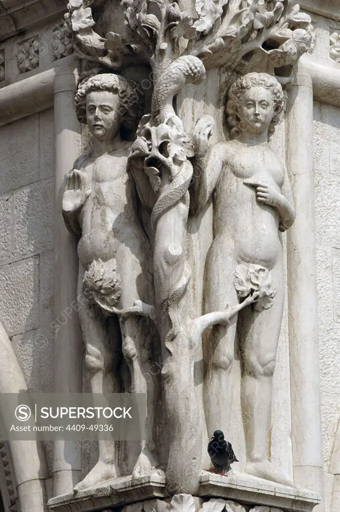 Italy. Venice. Doge's Palace. Sculpture depicting Adam and Eve tempted by the serpent. Original Sin.