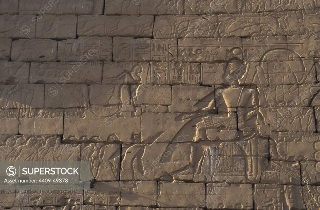 RAMSES II remained seated for a council with his officers, during the military campaign against the Hittites. New Kingdom. Temple of Luxor. Egypt.