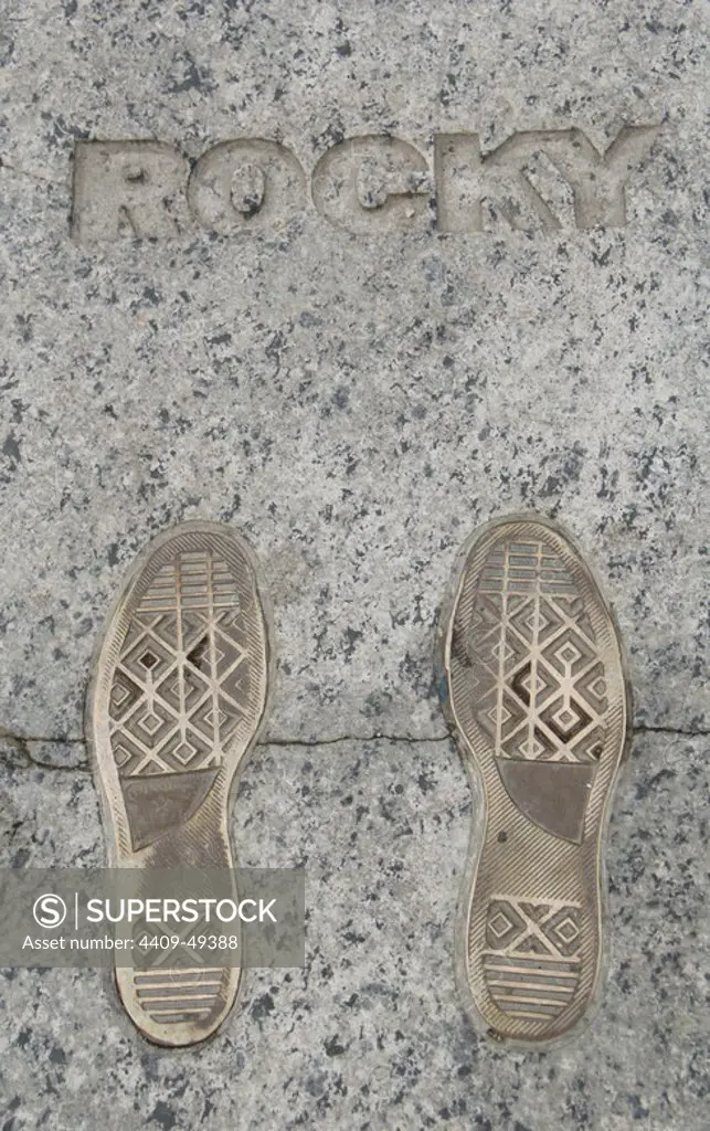 United States. Pennsylvania. Philadelphia. Rocky Steps monument. Footprint. Entrace of Philadelphia Museum of Art.