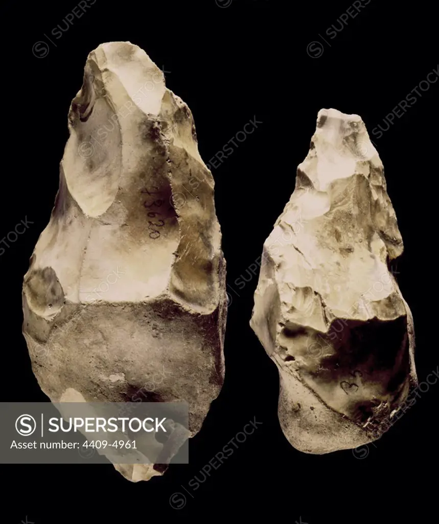 Flint axes. Cut stone. Inferior paleolithic. Abbeville area, from 1 million to 750,000 B.C.
