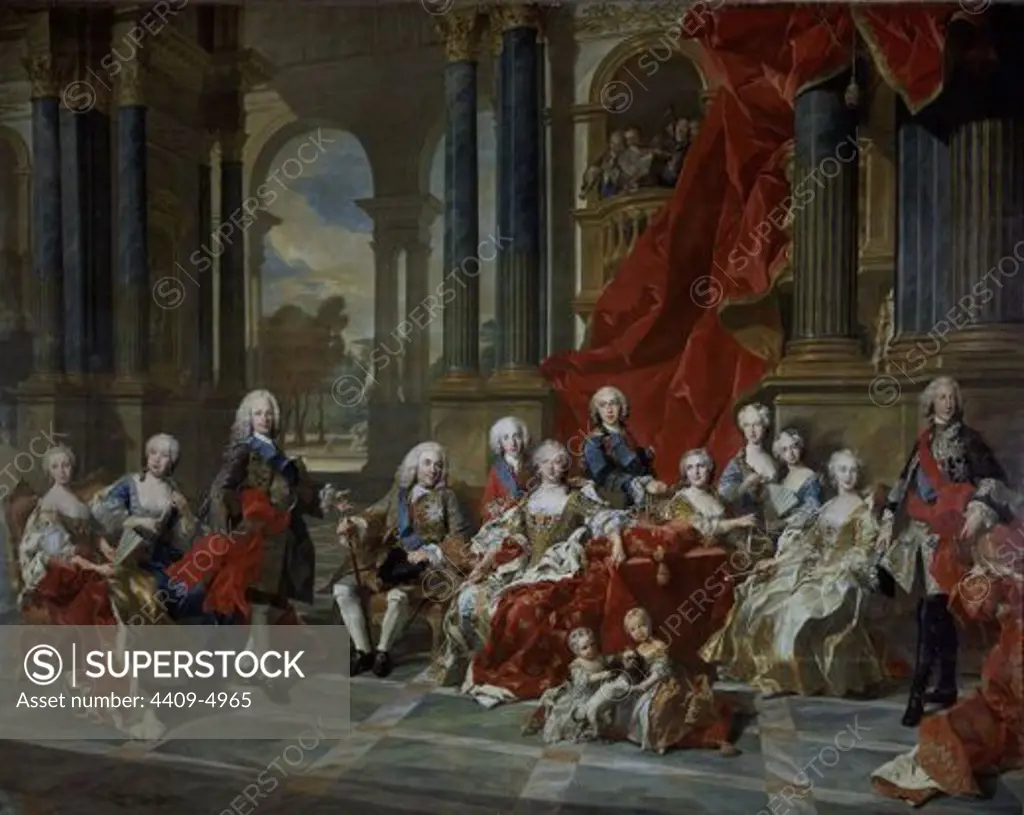 French school. The family of Philip V of Spain. La familia de Felipe V . 1743. Oil on canvas (406 x 511 cm). Madrid, El Prado. Author: LOO LOUIS MICHEL VAN O VAN LOO LOUIS MICHEL. Location: MUSEO DEL PRADO-PINTURA, MADRID, SPAIN.