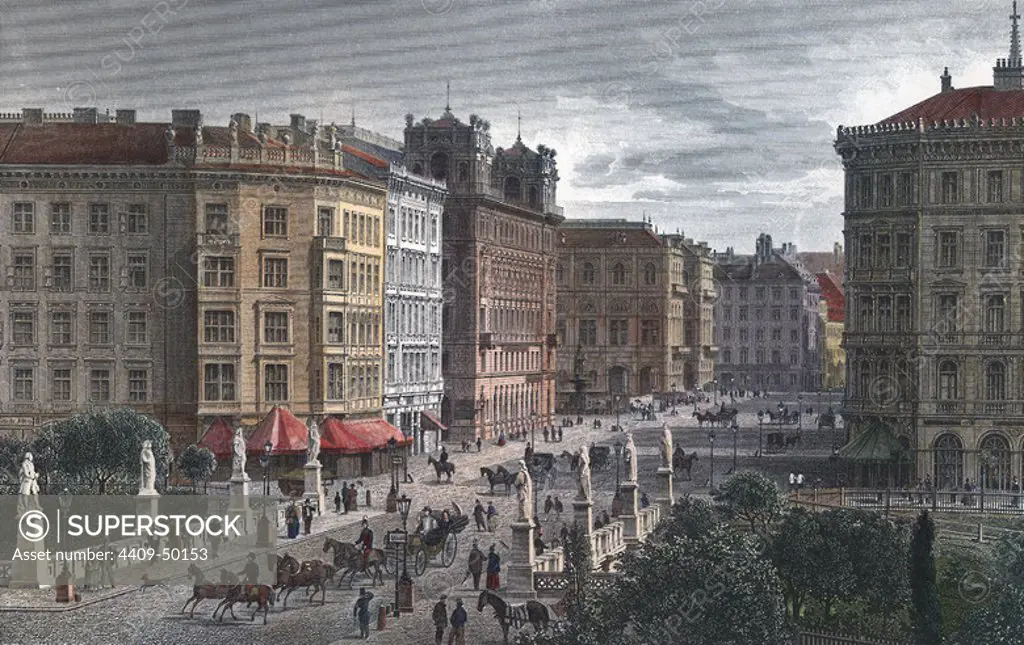 Vista general de una avenida principal de Viena (Austria). Grabado de la primera mitad del siglo XIX.