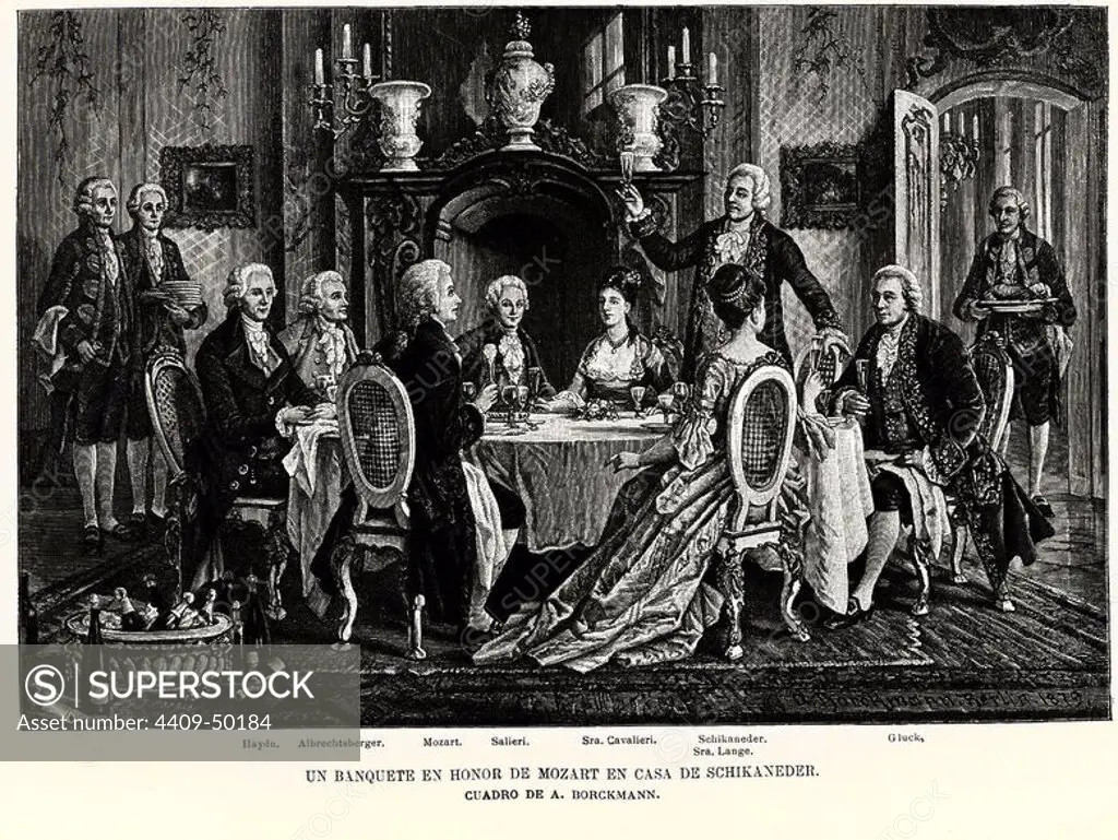 Banquete en honor de Johann Wolfgang Amadeus Mozart (Salzburg, 1756-Viena, 1791), compositor austríaco; le acompañan Haydn, Albrechtaberger, Salieri, Sra. Cavalieri, Schikaneder, Sra. Lange, y Gluck. Grabado de 1879.