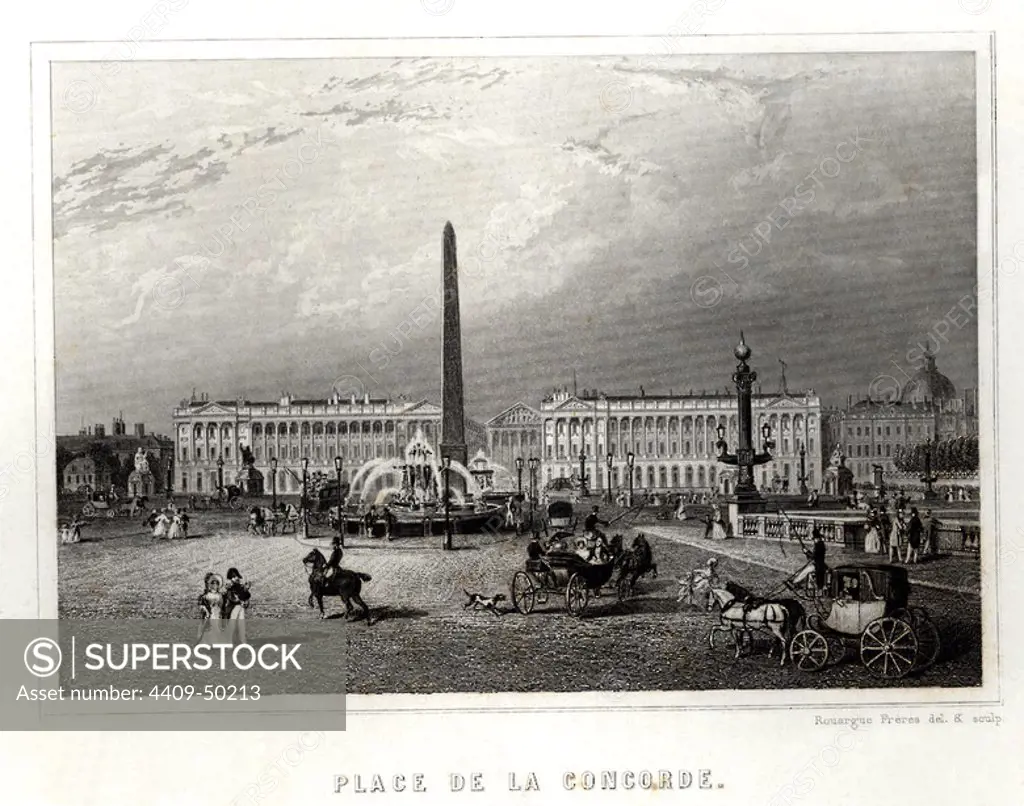 Plaza de la Concordia de París (Francia), con el obelisco. Grabado de la primera mitad del siglo XIX.