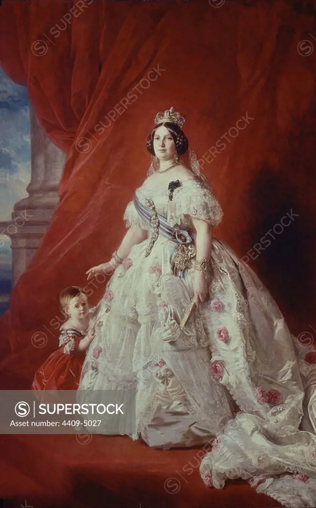 'Portrait of Queen Isabella II of Spain and her daughter Isabella', 1852, Oil on canvas. Author: FRANZ XAVER WINTERHALTER (1805-1873). Location: PALACIO REAL-PINTURA. MADRID. SPAIN. MARIA ISABEL INFANTA. INFANTA MARIA ISABEL. CHATA LA. ASIS FRANCISCO HIJA. INFANTA ISABEL DE BORBON. ISABEL II DE ESPAÑA-HIJA. ISABEL DE BORBON Y BORBON (1851/1931) LA CHATA. ISABEL II REINA DE ESPAÑA (1830-1904).
