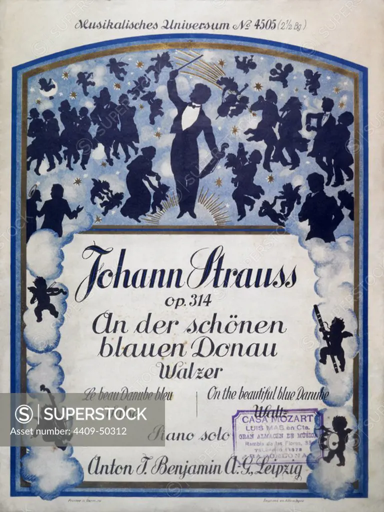 Portada del vals "Al bello Danubio Azul" de 1867 del compositor austríaco Johann Strauss, hijo (Viena, 1825-1899).
