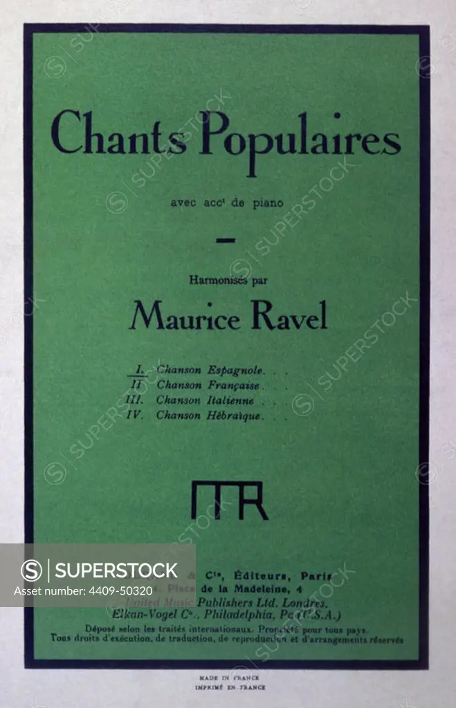 Portada de "Chants Populaires" del compositor Joseph Maurice Ravel (Ciboure, 1875-París, 1937).