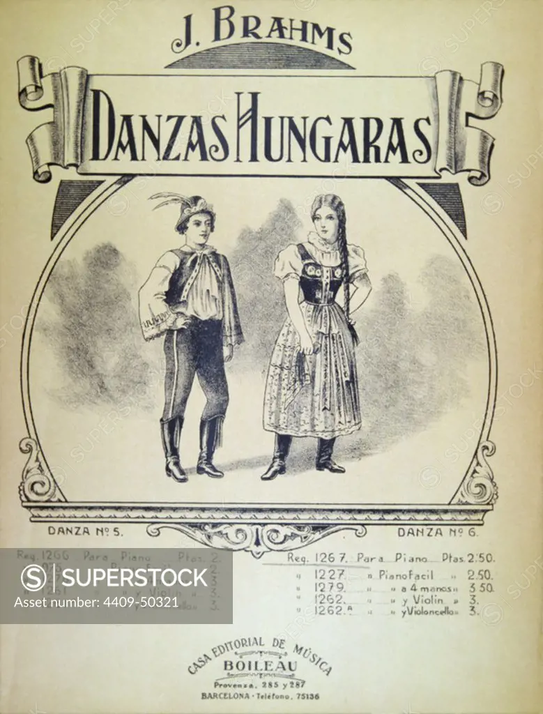 Portada de "Danzas Húngaras" del compositor Johannes Brahms (Hamburgo, 1833-Viena, 1897). Editada en Barcelona hacia 1910.