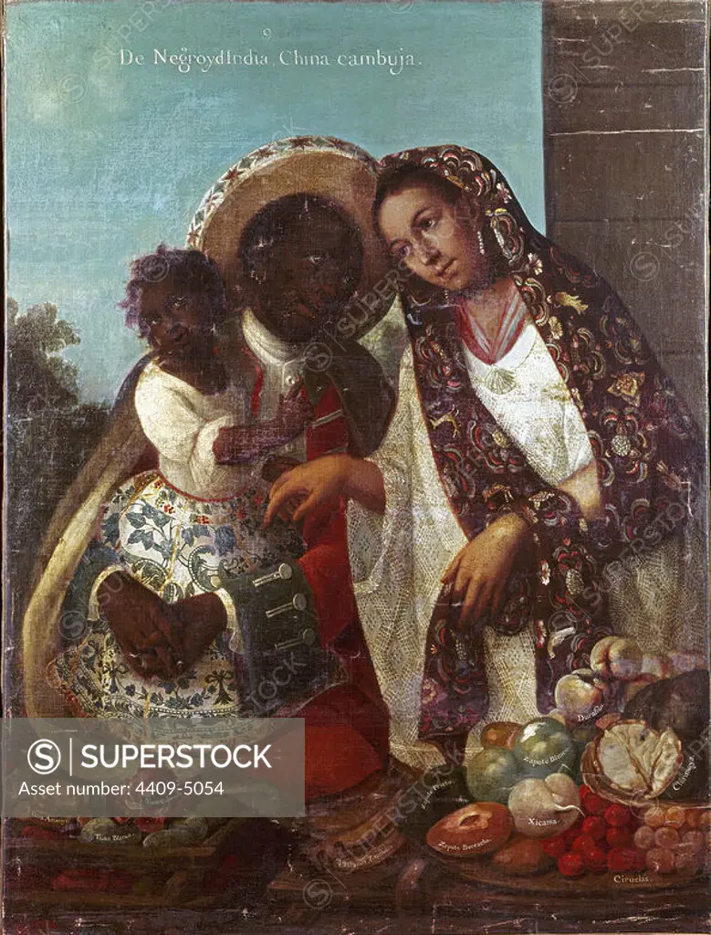 Casta Painting - 'Black and Indian woman: China Cambuja', 1763, Oil on canvas. Author: MIGUEL CABRERA. Location: MUSEO DE AMERICA-COLECCION. MADRID. SPAIN.