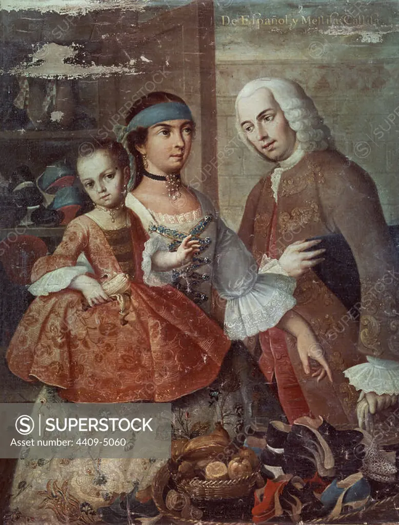 A Spaniard and his Mexican Indian Wife and their Child, from a series on mixed race marriages in Mexico - oil on canvas - 1763. Author: MIGUEL CABRERA. Location: MUSEO DE AMERICA-COLECCION. MADRID. SPAIN.
