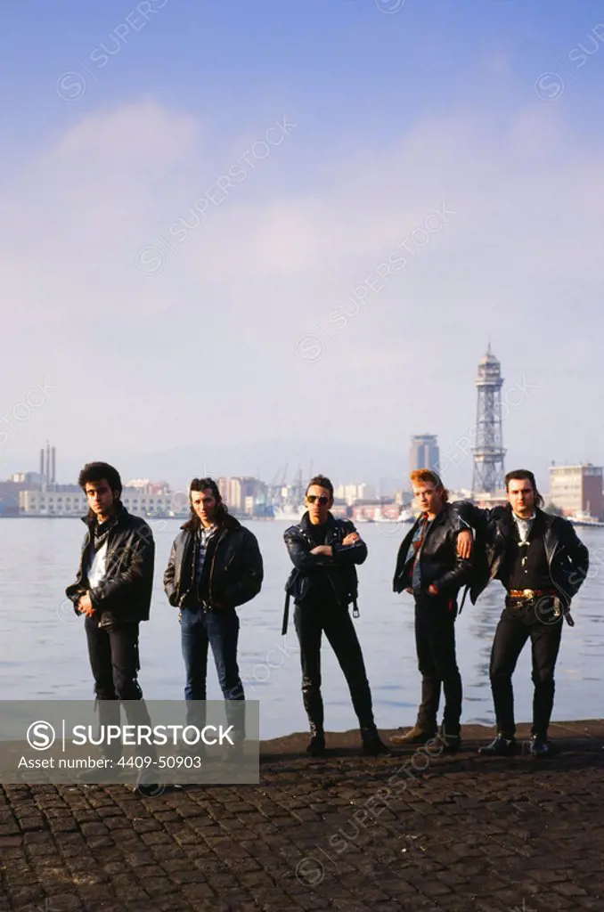 Los integrantes del grupo de Rock & Roll español, Los Rebeldes. Barcelona, 1987.