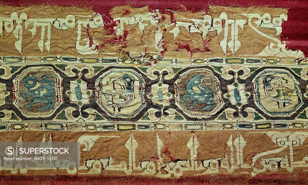 Embroidered piece of fabric from Hisham II's time (976-1009), last caliph of the Omeyyades' dynasty.. Found in the city of Medina Azahara (near Cordoba). 10th century. History Academy of Madrid. Location: ACADEMIA DE LA HISTORIA-COLECCION. MADRID. SPAIN. HISEM II.