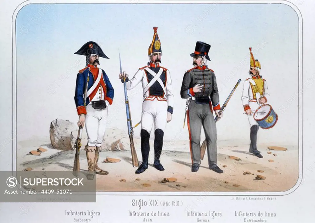 Reinado de Carlos IV (1788 a 1808). Soldados de Infantería de diversos Regimientos en el año 1801. Dibujo de Villegas. Lámina número 64 del ALBUM DE LA INFANTERIA ESPAÑOLA del Teniente General Conde de Clonard. Litografía Militar, Madrid, año 1861.