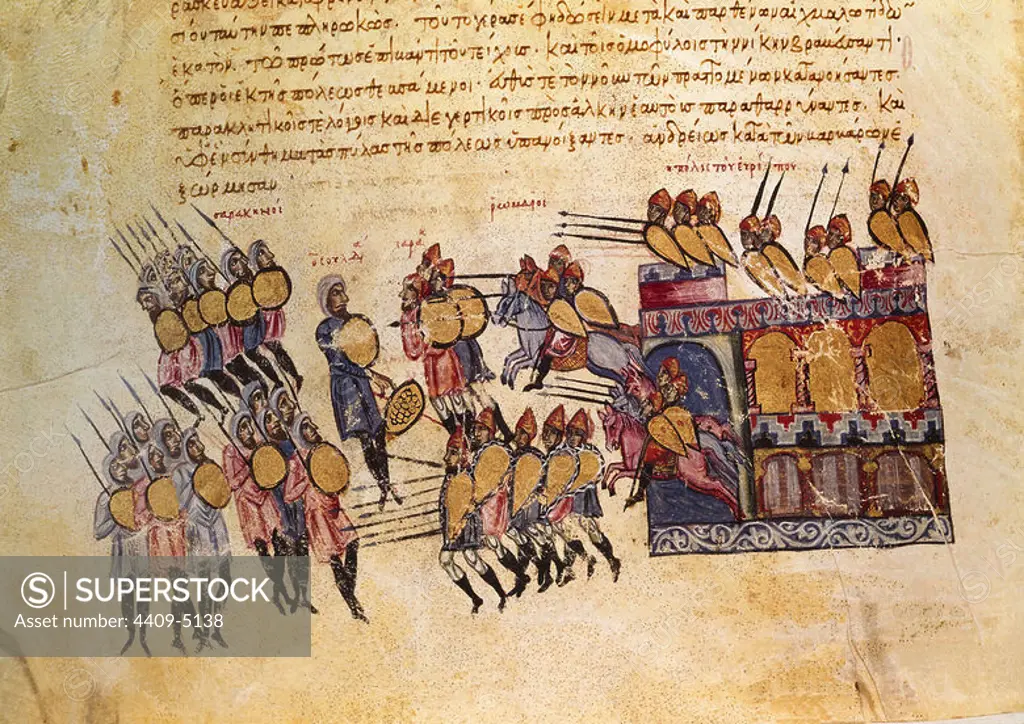 John Skylizes, Codex Græcus Matritensis known as the Madrid Skylitzes . Detail from a page: Fight between the Byzantines and the Arabs. Madrid, National Library. Author: SKYLITZES JOHN O SCYLITZA IOANNES. Location: BIBLIOTECA NACIONAL-COLECCION. MADRID. SPAIN.