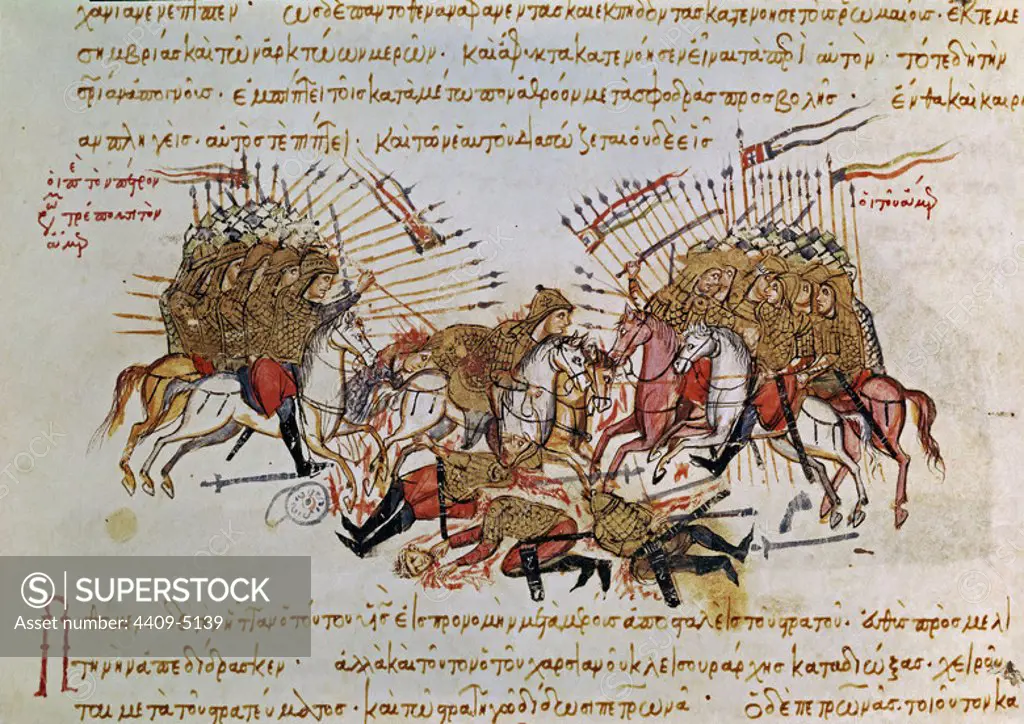 Madrid Skylitzes: Battle between the Byzantines and the Arabs. Folio 73V. Madrid, Biblioteca Nacional de España. Author: SKYLITZES JOHN O SCYLITZA IOANNES. Location: BIBLIOTECA NACIONAL-COLECCION. MADRID. SPAIN.