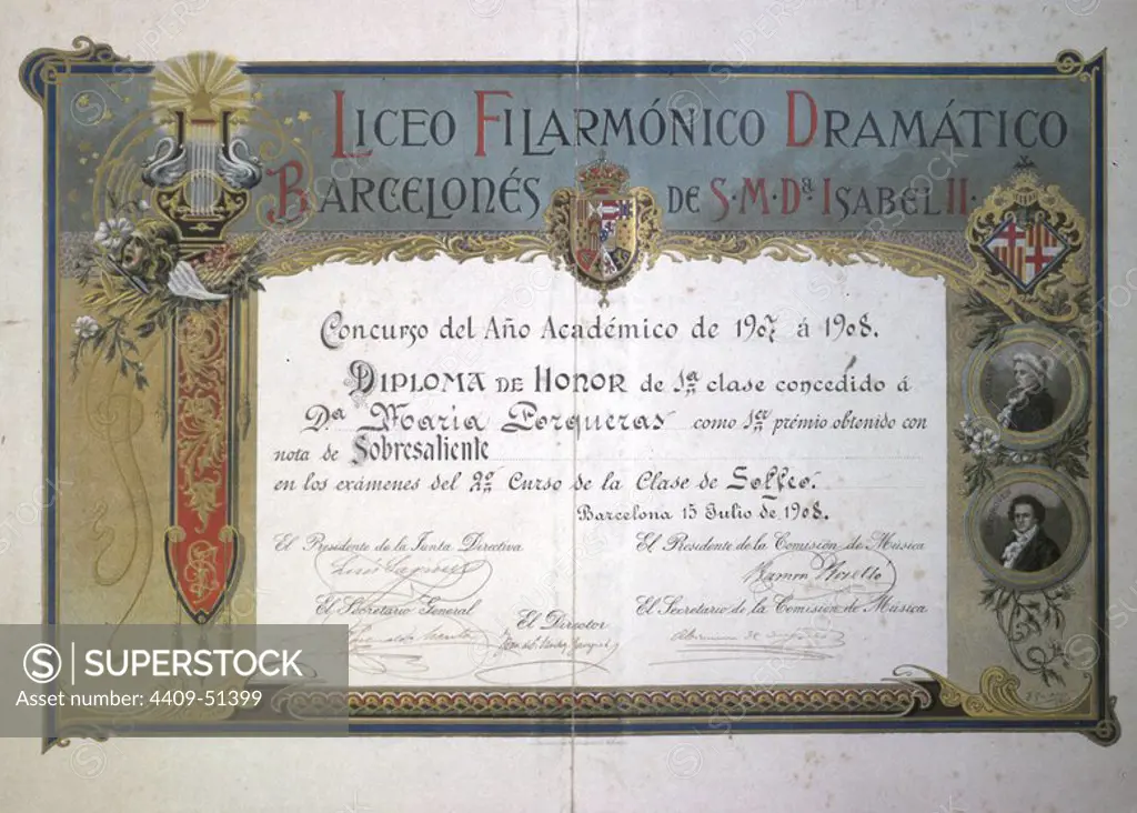 Diplomas de solfeo, otorgado por el Liceo Filarmónico dramático barcelonés de S.M. de Isabel II en julio de 1908.
