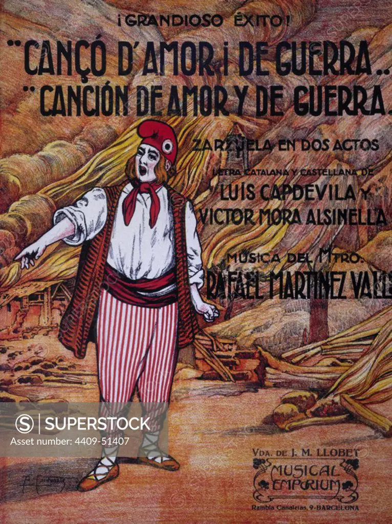 Zarzuela "Canço d'amor i de Guerra" 1926 del compositor Martinez Valls, Rafael (1887-1947); Dibujo de Cardinets, A.