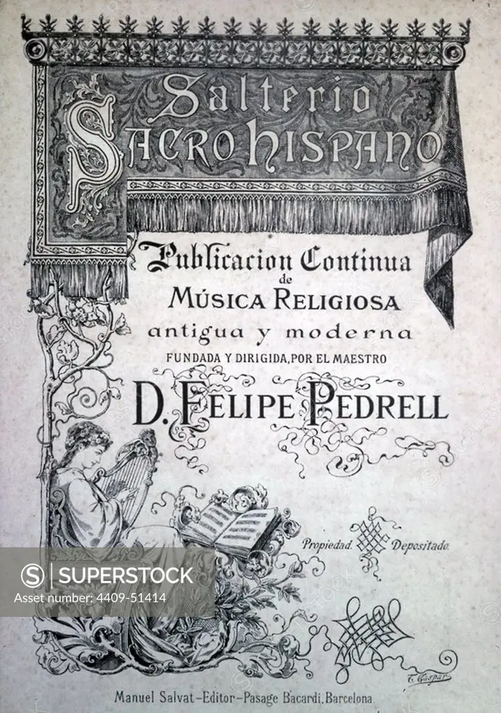 Portada de "Saltero Sacro Hispano" publicación de música religiosa dirigida por el maestro Felipe Pedrell (1841-1922); Publicada en Barcelona por el editor Manuel Salvat.