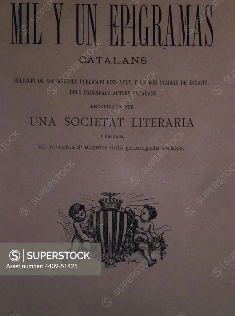 Portada de la obra "Mil y un epgramas Catalans"; recopilados por una sociedad Literaria; Publicada en Barcelona; Llibreria de Pujol Martines, Miquel; Año 1878.