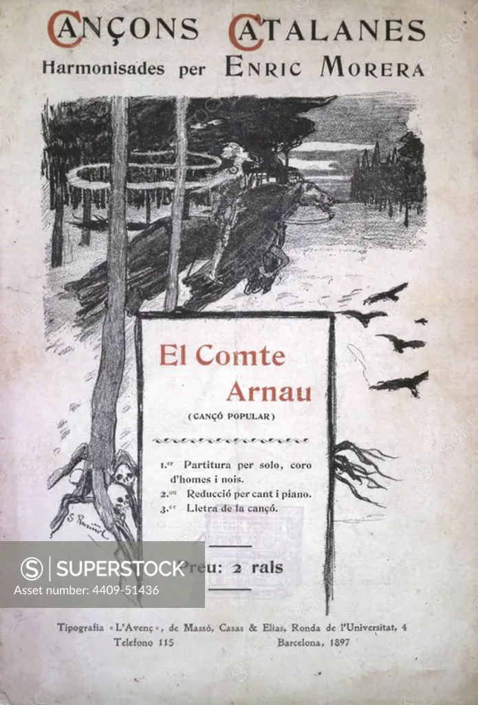 Portada de Cançons Catalanes "El Compte Arnau"; Armonizada por Morera, Enric ; Publicada en barcelona el año 1897.
