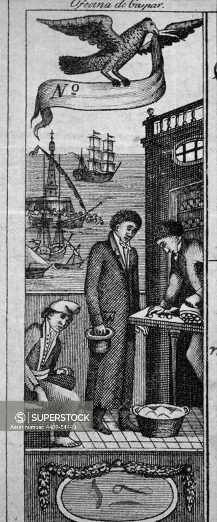 "Taula de Canvis"; Escena de un antiguo cambista o banquero; en operación mercantil; De un grabado en documento mercantil del año 1821.