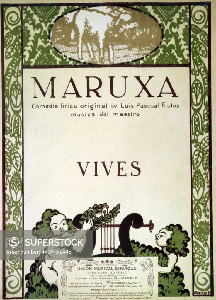 Cubierta de la zarzuela "Maruxa"; Música del maestro Vives, Amadeo; editada en Madrid; Año 1917.