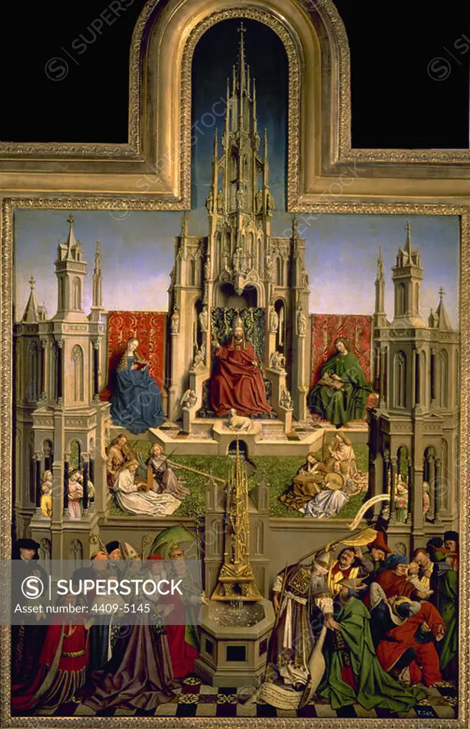 'Fountain of Grace and Triumph of the Church Over the Synagogue', 1430, Oil on panel, 181 x 119 cm, P01511. Author: JAN VAN EYCK. Location: MUSEO DEL PRADO-PINTURA. MADRID. SPAIN. VIRGIN MARY. SAN JUAN EVANGELISTA Y APOSTOL. DIOS PADRE.