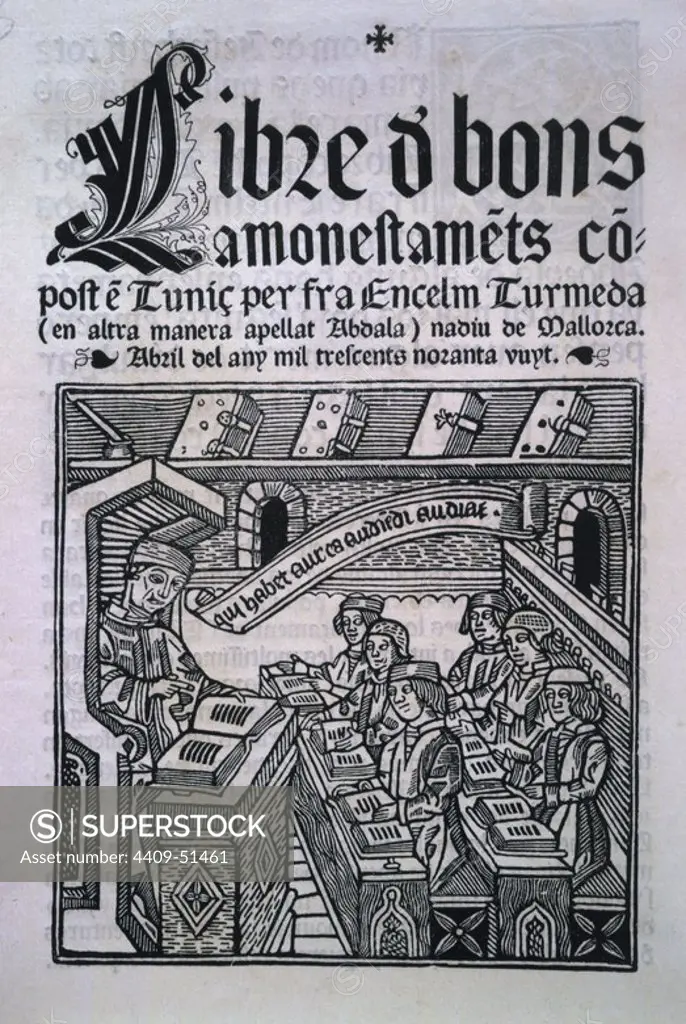Cubierta de la obra escrita por Turmeda, Encelm; en Mallorca; Año 1398.