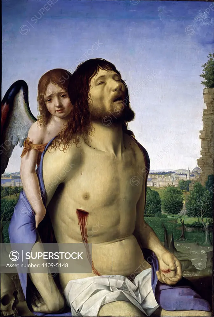 'The Dead Christ supported by an Angel', 1475-1476, Italian School, Mixed media on panel, 74 cm x 51 cm, P03092. Author: ANTONELLO DE MESSINA (1430-1479). Location: MUSEO DEL PRADO-PINTURA. MADRID. SPAIN. JESUS. JESUS MUERTO-CRISTO MUERTO-JESUCRISTO MUERTO.