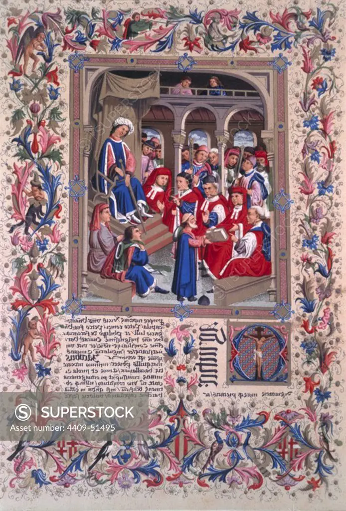 Miniatura de la portada del "Comentari a los Usatges de Cataluña" por Jaime de Marquillas; Representa el acto de entrega del libro a los Consellers ante el Rey Alfonso V de Aragon; Año 1448.
