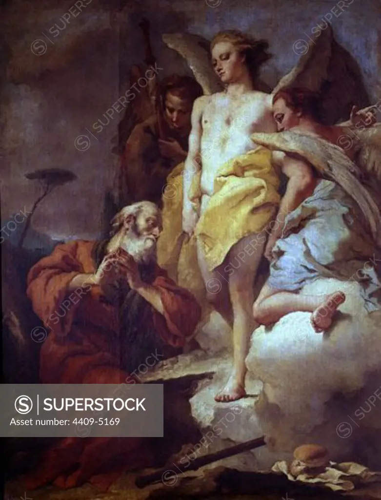 Abraham and the Angels. Abraham y los angeles. 18th century. Oil on canvas (197x151). Italian baroque. Madrid, Prado museum. Author: TIEPOLO, GIOVANNI BATTISTA. Location: MUSEO DEL PRADO-PINTURA, MADRID, SPAIN.