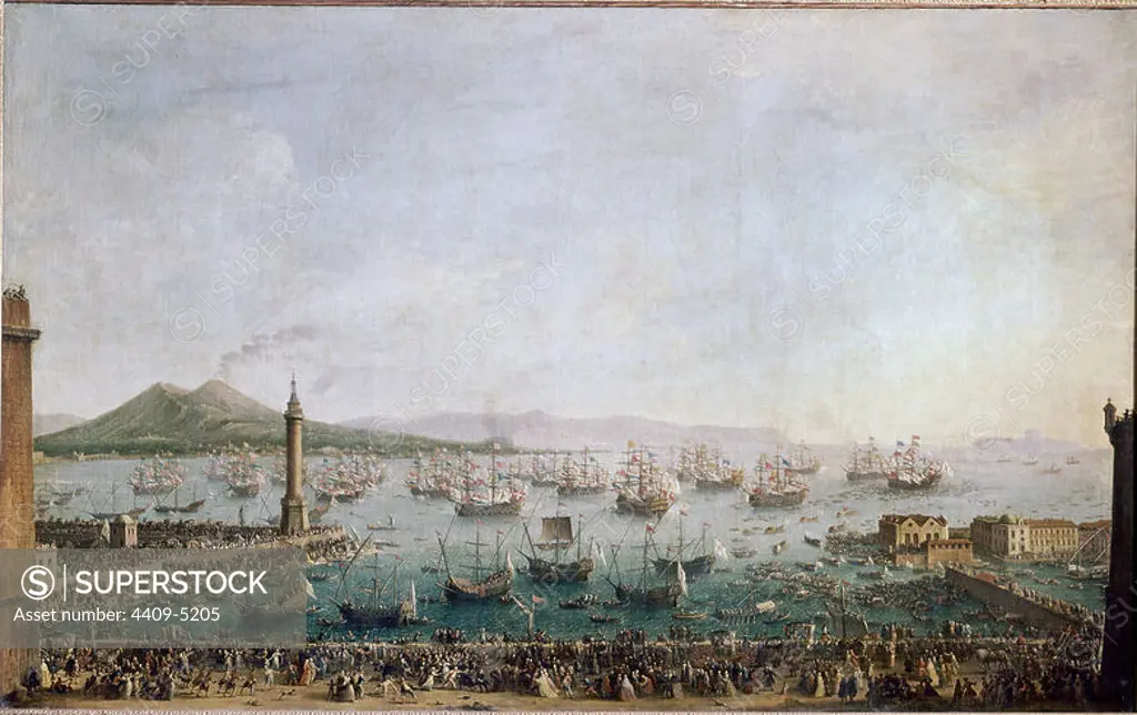 'Charles of Bourbon leaving the Port of Naples, as seen from the Dock', 1759, Oil on canvas, 128 x 205 cm, P00232. Author: ANTONIO JOLI. Location: MUSEO DEL PRADO-PINTURA. MADRID. SPAIN. CHARLES III OF SPAIN.