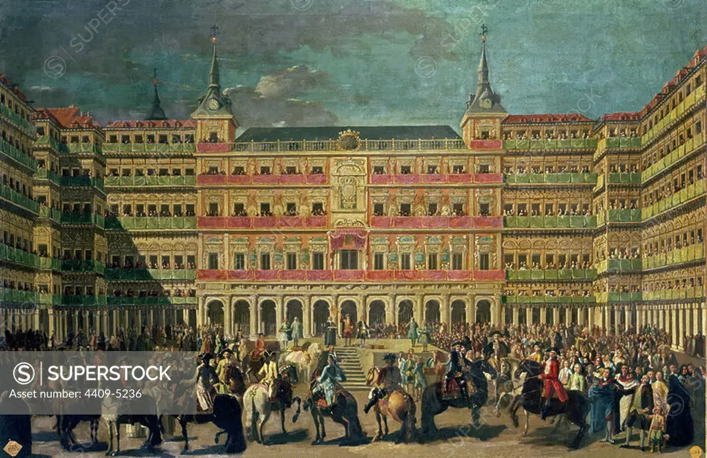 Carlos III entering the Plaza Mayor which has been specially decorated for his coming to Madrid. Madrid, Municipal Museum. Spain. Author: LORENZO QUIROS. Location: MUSEO DE HISTORIA-PINTURAS. SPAIN. CHARLES III OF SPAIN.
