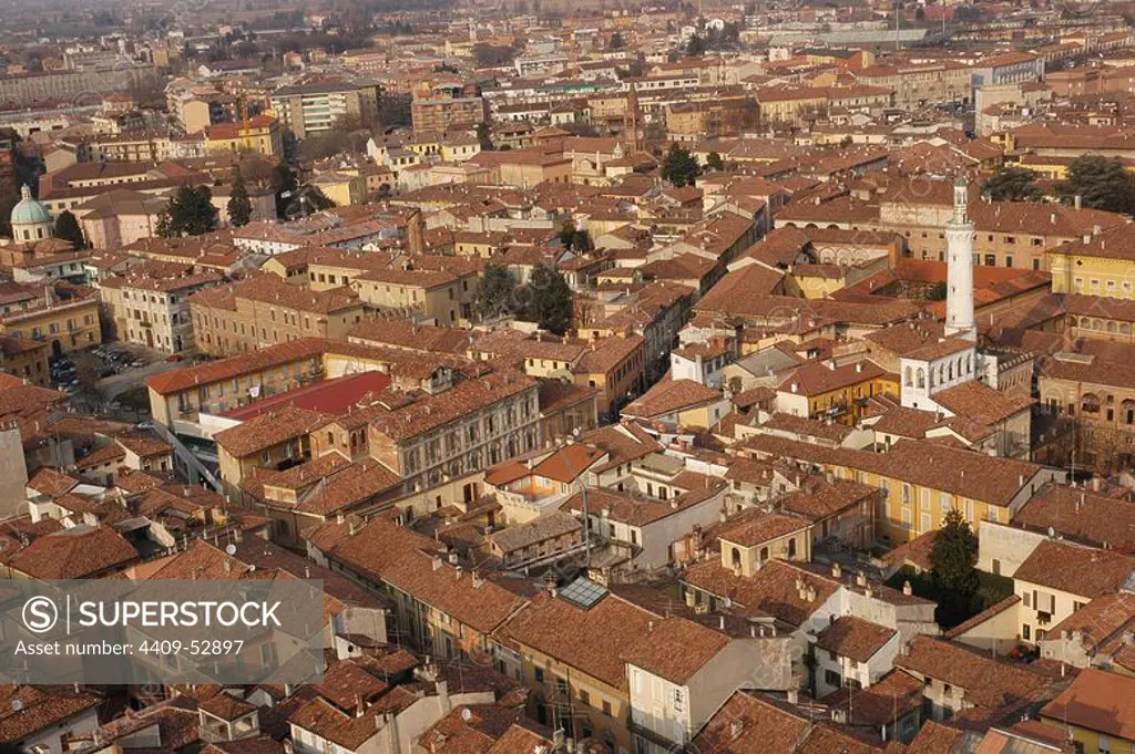 Italy. Cremona. Overview of the old city from the bell tower of the Cremona Cathedral, known commonly by Torrazzo. Lombardy.