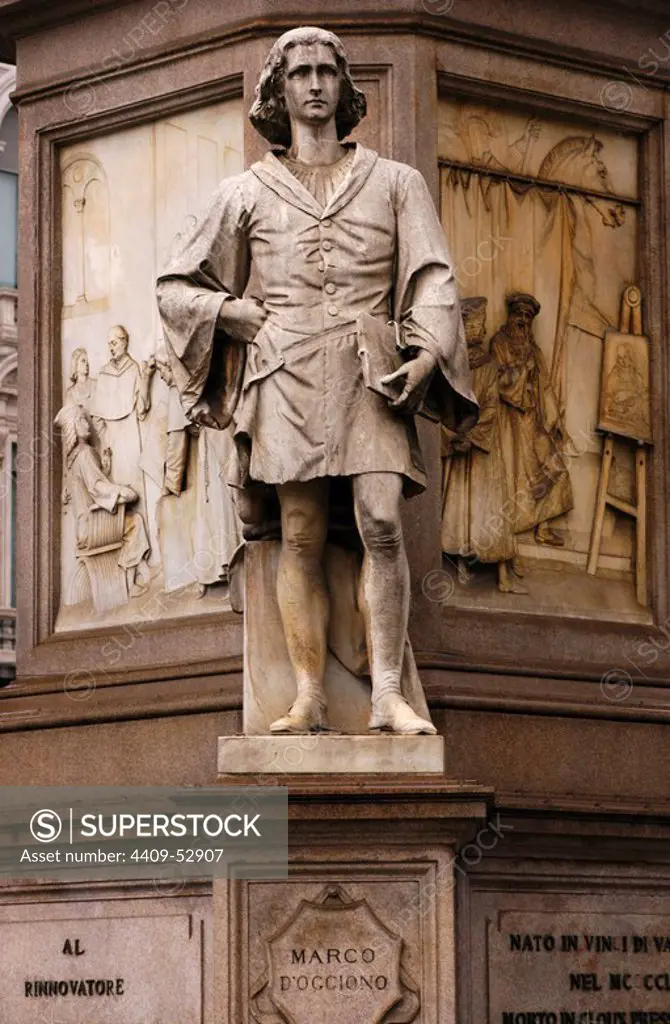 Statue of the painter Marco d' Oggiono (1470-1549). Sculptural detail of the monument to Leonardo da Vinci, by Pietro Magni, 1872. Milan, Italy.