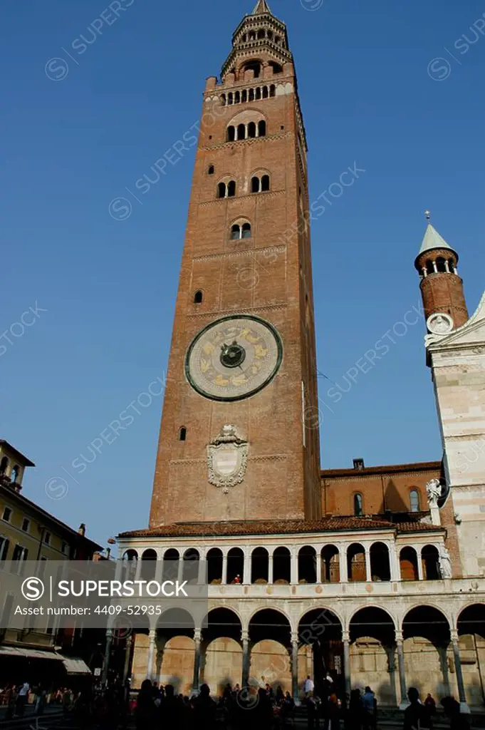 Italy. Cremona. Bell tower of the Cremona Cathedral, known commonly by Torrazzo. 13th century. Lombardy.