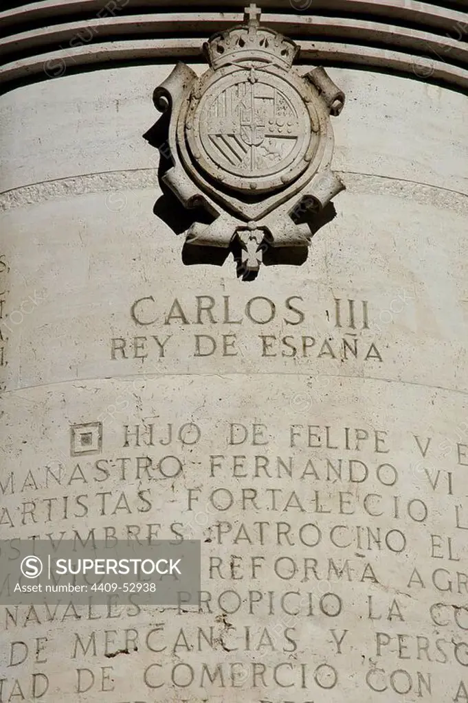 Spain. Madrid. Detail of the base of a monument dedicated to King Carlos III (1716-1788).