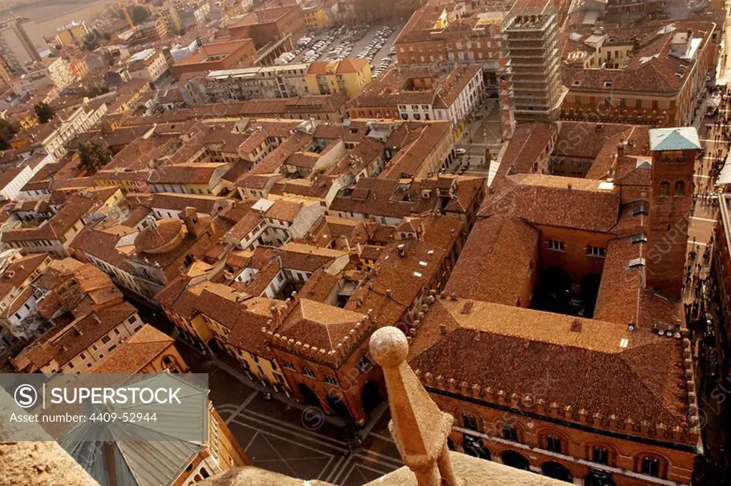 Italy. Cremona. Overview of the old city from the bell tower of the Cremona Cathedral, known commonly by Torrazzo. Lombardy.