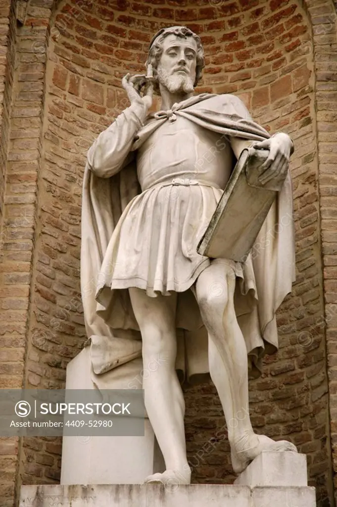 Antonio da Correggio (1489-1534(. italian painter. Statue by Agostino Ferrarini. 1870. Garibaldi Square. Parma. Italy.