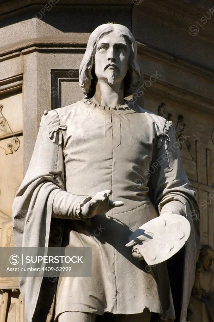 Giovanni Antonio Boltraffio (1466 or 1467-1516). Sculptural detail of the monument to Leonardo da Vinci, by Pietro Magni, 1872. Milan, Italy.