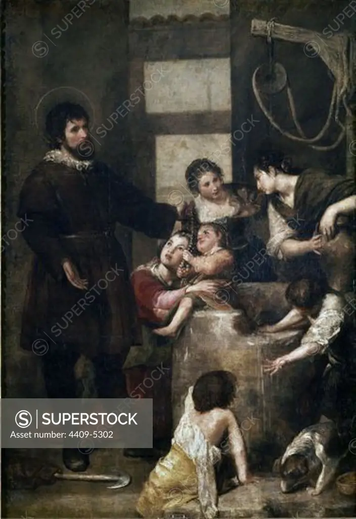 St. Isidore saves a child that had fallen in a well - 1646/48 - 216x149 cm - oil on canvas - Spanish Baroque - NP 2806. Author: CANO, ALONSO. Location: MUSEO DEL PRADO-PINTURA, MADRID, SPAIN. Also known as: EL MILAGRO DEL POZO.