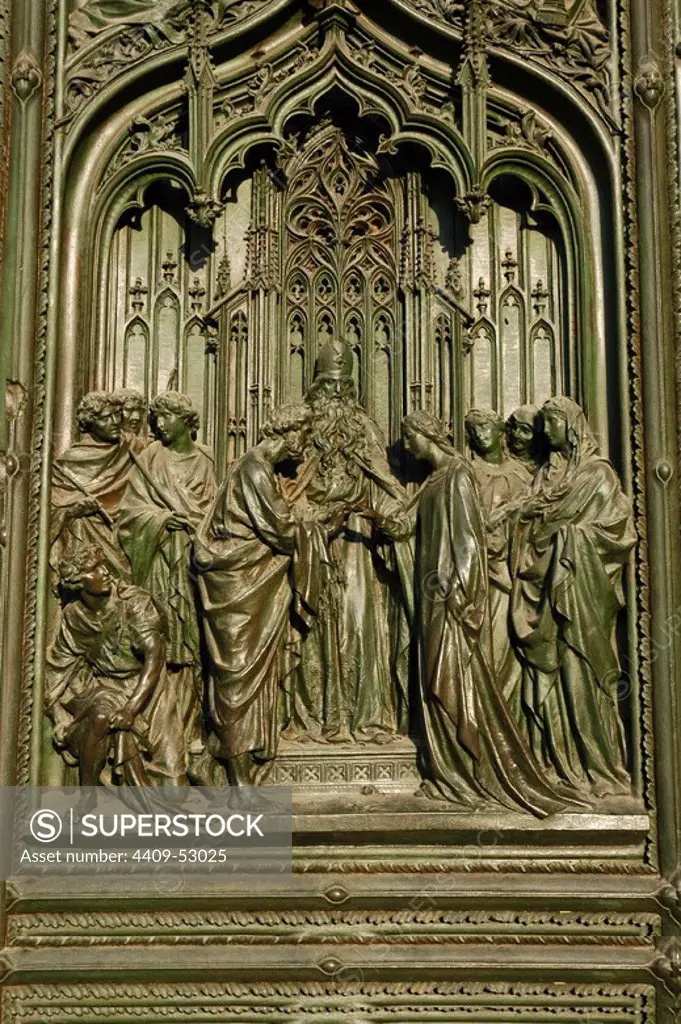Italy. Milan Cathedral. Main gate. The marriage of the Virgin Mary.