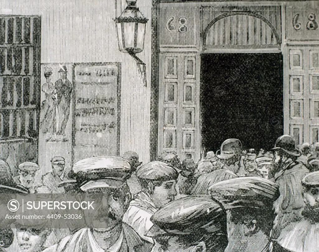 Labour movements. Madrid, Spain. Workers before the Lyceum Rius, in the Atocha street, after a meeting of socialist workers, on the week of protest for the workers rights. May 4, 1890. Engraving.